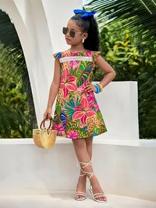 Girls' Tropical Rainforest Plant Pattern Ruffle Sleeve Dress, Cute Dress, Fashion Casual Wear, Summer Vacation Style, Kids' Clothing