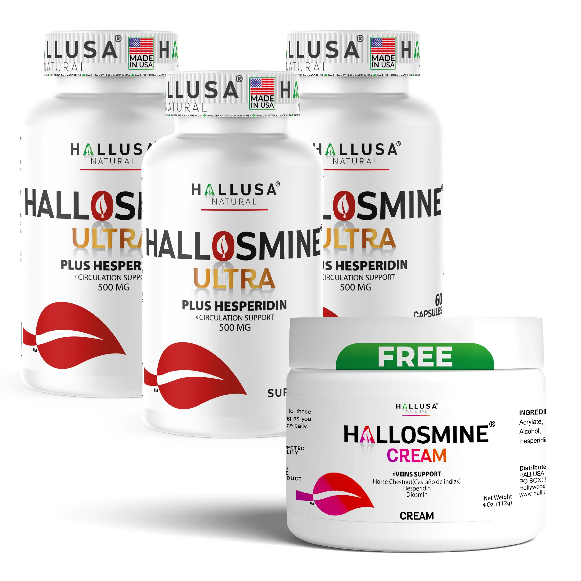 HALLUSA NATURAL HALLOSMINE ULTRA Herbal Dietary Supplement Capsules (180 Count) with Diosmin & Hesperidin, Vein Health Support, Vein Tone Boost, Leg Heaviness Relief & Leg Fatigue Support + FREE Cream