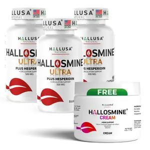 HALLUSA NATURAL HALLOSMINE ULTRA Herbal Vitamins Supplements, 180 Capsules with Diosmin & Hesperidin, Vein Health Support, Circulation Boost, Leg Heaviness & Fatigue Relief + FREE Cream