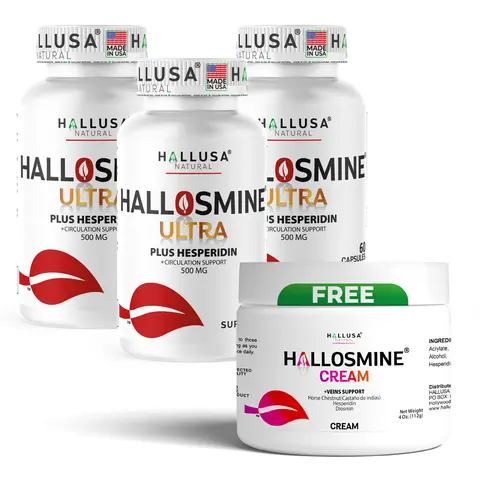 HALLUSA NATURAL HALLOSMINE ULTRA 450mg Traditional Herbs Vitamins Supplements Capsules (3 Bottles, 180 Count Total) - GMP-Certified, Sugar-Free, Lactose-Free, 90% Diosmin, Hesperidin, Leg Fatigue & Vein Tone Support + Menthol Camphor Complimentary Cream