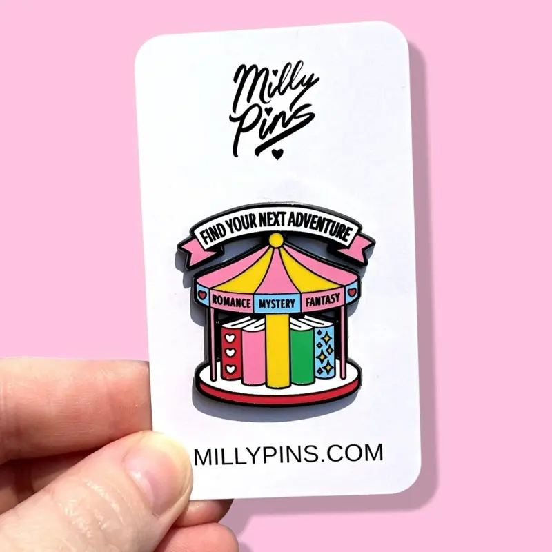 Find Your Next Adventure Carousel Book Enamel Pin – Pastel Romance, Mystery & Fantasy Books – Cute Book Lover Gift, Pastel Aesthetic Pin for Readers