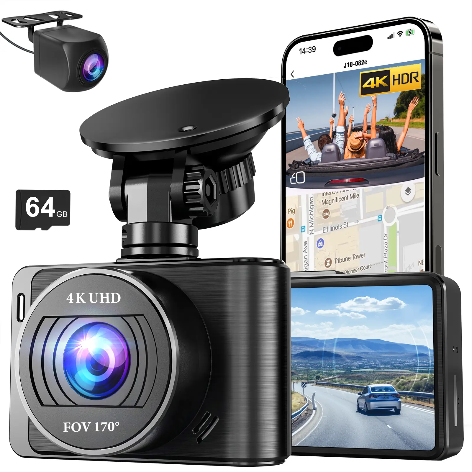 Dash Camera, 4K/1080p dash cam with 64GB SD Card Dash Camera Front and Rear, Built-in 5GWiFi, Full HD 2.0” IPS Screen, for App Control, G-Sensor, Loop Recording, and Parking Mode Outdoorfun Automotive,Fathers Day Gift