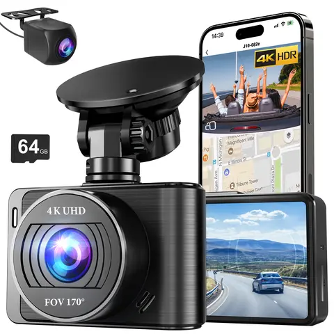 Vimlinc D3 4K/1080p Front & Rear WiFi Car Dashcam with 64GB SD Card, 5G Wi-Fi, 2.0” IPS Screen, 170° Front View, HD Driving Recorder, G-Sensor, Cyclic Recording, Parking Mode, App Control, Easy Setup, Automotive Father’s Day Gift