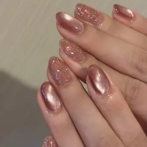 24 Pcs Flashing Nude Cat Eye False Nails, Detachable Half Handmade Nail Art Diy, Includes Nail File Jelly Glue, Handmade Press On