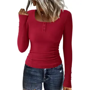 Womens Long Sleeve Tops Casual Ribbed Knit Henley Button Down Shirts Slim Fit Workout Basic Tees Fashion Clothing