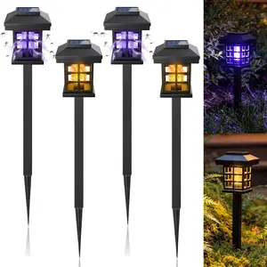 4 Pcs Solar Bug Zapper Outdoor Waterproof 2 in 1 Mosquito Zapper Solar Powered Mosquito Fly Trap Repellent Lamp Kills Bugs LED Lamp with Flame Purple Light for Garden Patio Yard Lawn (Black)