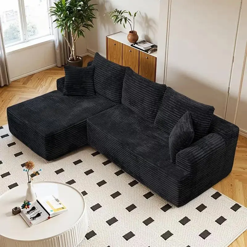 Modern L-Shaped Armless Corduroy Boneless Sectional Sofa - Corduroy Fluffy Sofa, Ergonomic Recliner with Storage, Spring Foam Hybrid Filling, No-Assembly Rivet Cloud Couch for Living Room, Indoor Furniture with Leather Ottoman & Bean Bag Chair for Gaming