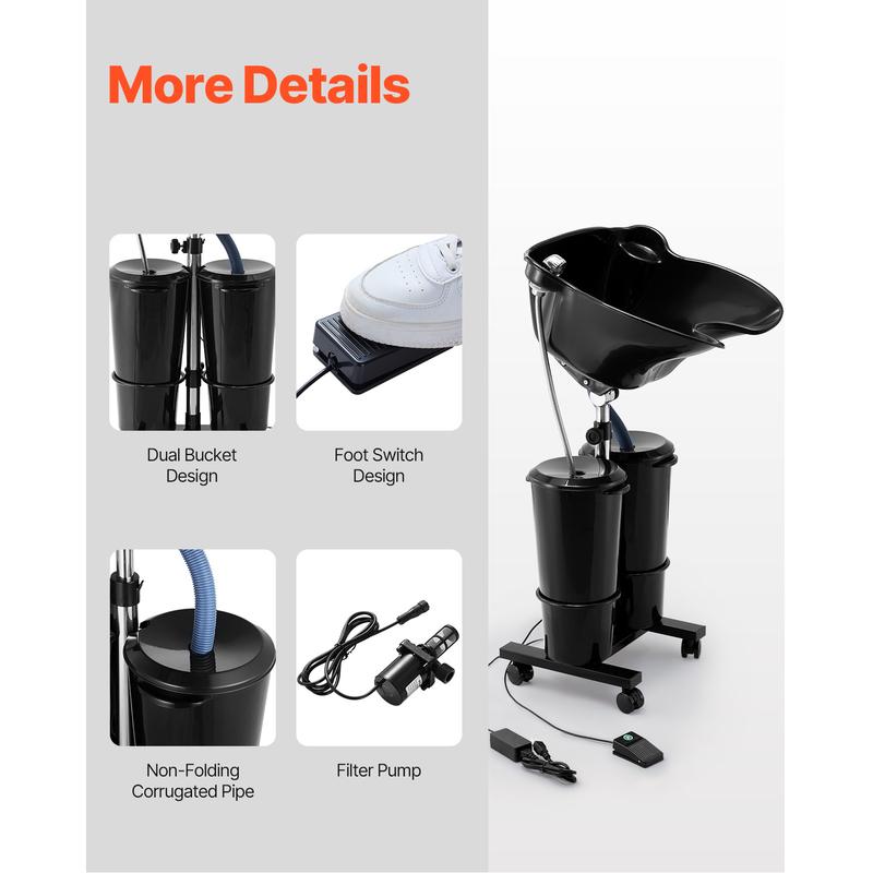 VEVOR Portable Shampoo Bowl, Shampoo Sink for Washing Hair with Electric Pump, Includes 2 Buckets 2 Showerheads, Drain Hose, Height and Angle Adjustable Portable Wash Bowl for Home Salon Use, Black