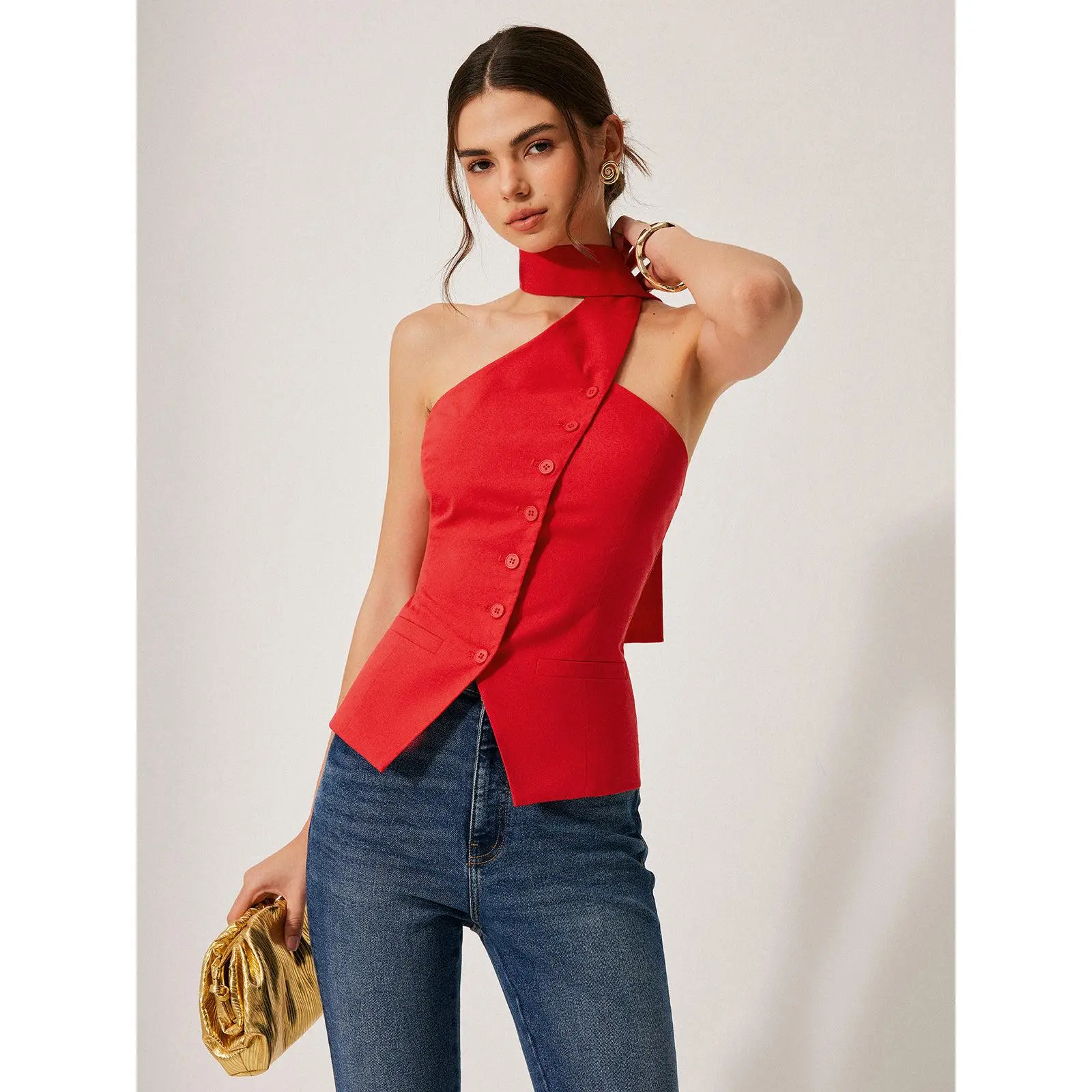 Cotton & Linen Halter Top With Decor Pockets Cotton & Linen Halter Top With Decor Pockets