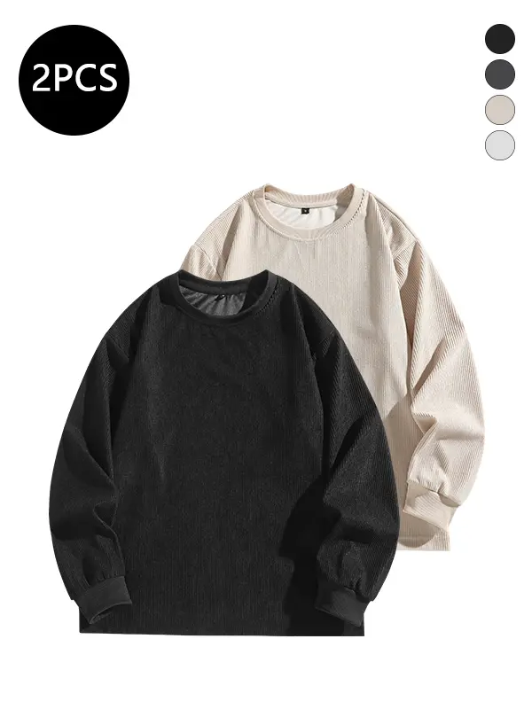 Men’s 2-Pack Autumn Fashion Trend Flannel Sweatshirts, Casual Loose Fit, Solid Color Crew Neck Long Sleeve