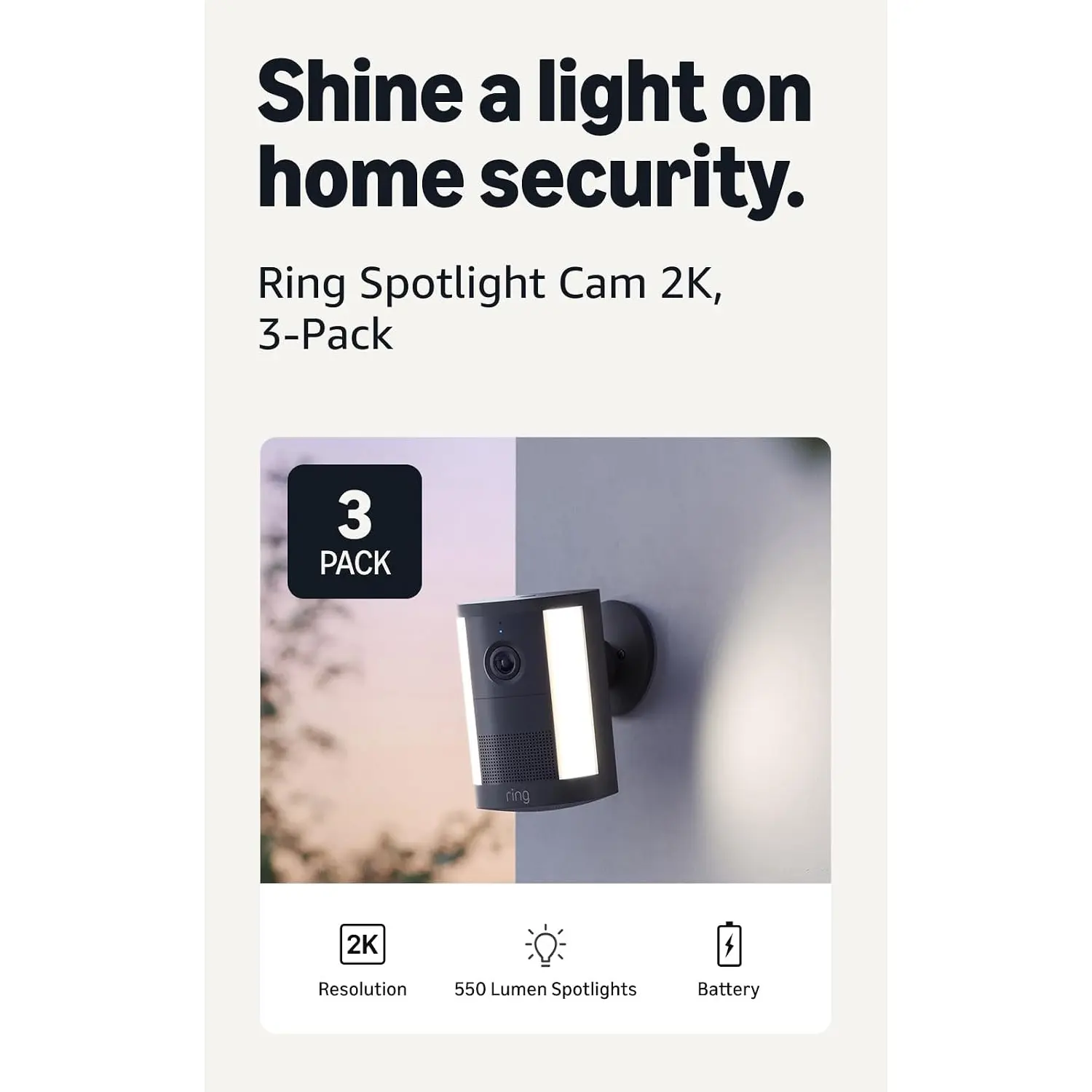 Ring Spotlight Cam 2K (Newest Model), Battery, Home or Business Security, Wide-Angle Retinal 2K Video, 6X Enhanced Zoom, Motion-Activated Spotlights, 3-Pack, Black