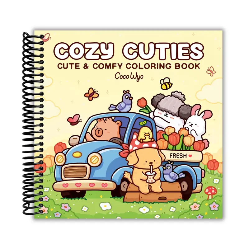 New Cozy Cuties Themed Coloring Book - Spiral Bound, 8 x 8-in Size, 9.6 oz, Easy to Color (For Adults and Kids)