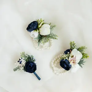 Rose Bud & Silk Navy Blue Ranunculus Orchid Corsage for Wedding, Pearl Bracelet for Bridesmaid, Flower Girl, Prom Boutonniere for Groomsmen