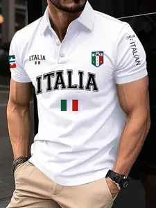 Men's Summer Shirt 100% Polyester Casual Button Down Short Sleeve with Italian Print Pattern and Flag Design, Button Neck, Outdoor & Daily Wear