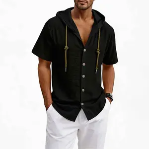 Men’s button-down short-sleeve hooded shirt — casual solid crinkled texture drawstring hoodie top, lightweight and breathable for summer, camp collar shirts