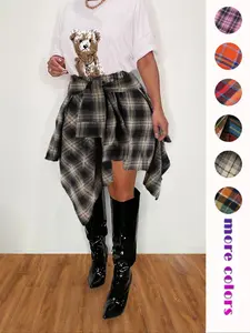 Women's Plaid Print Tie Front A Line Skirt, Casual Asymmetrical Hem Skirt for Summer, Women's Bottoms for Daily Wear
