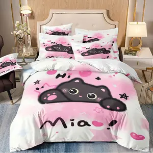 3-piece duvet cover set with a furry black cat pattern, 3D digital printed bedding, suitable for bedroom and guest room home decoration (1 duvet cover 2*pillowcases, duvet not included) machine washable, zipper