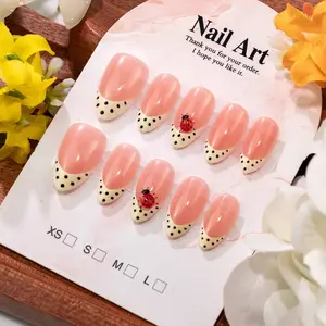 Trending 30pcs Handmade 3D Salon Quality Reusable Long Lasting Customizable Polka Dot French Tip Ladybug Almond Acrylic Press-on Nails, Removable Fake False Nails for Women Girls Daily & Party Use with Gel X Nail Kit