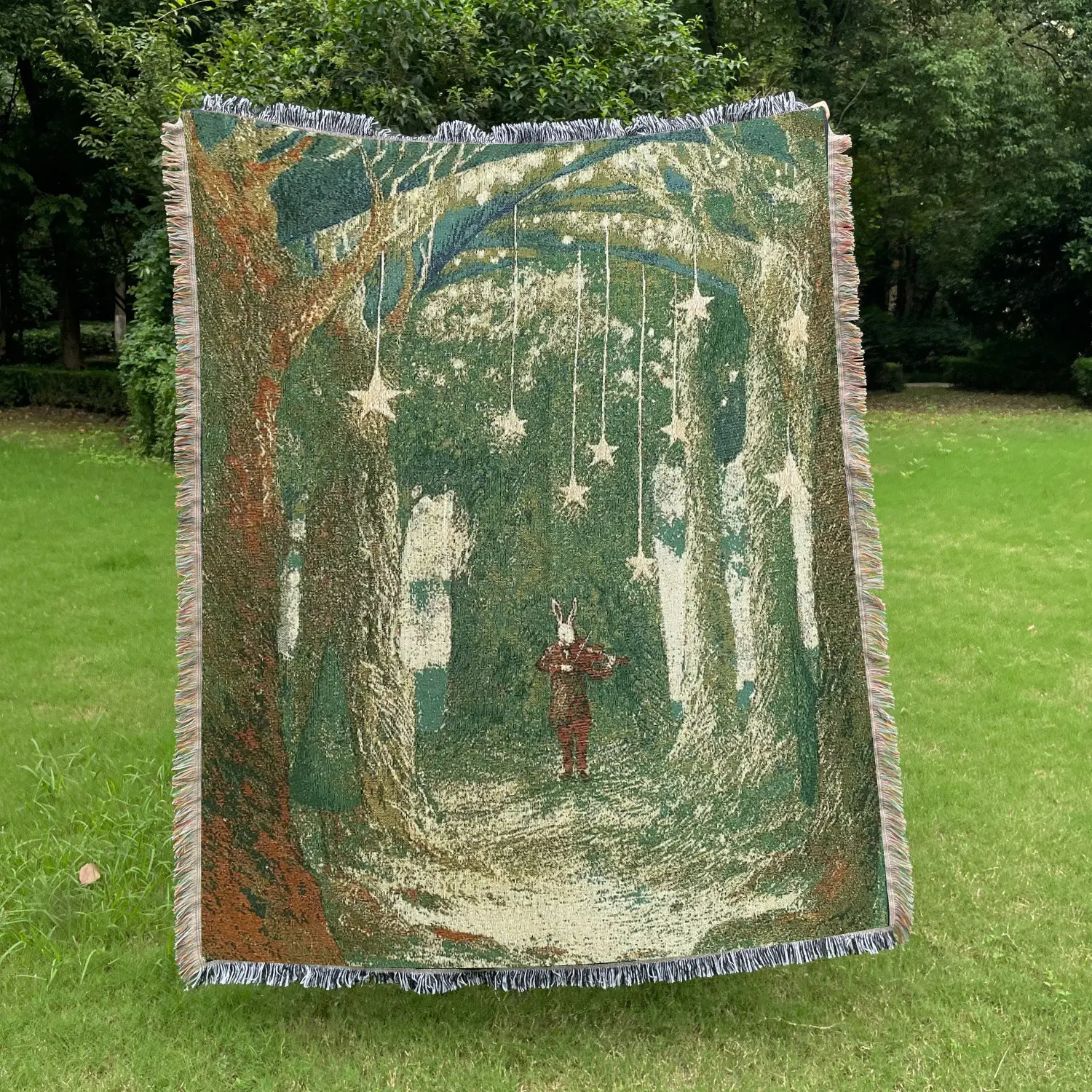 Mr. Forest Rabbit Pattern Design Bohemian Bed Blanket, Throw Blanket, Boho Blanket, Graphic Throw Blanket - Yarn Thick Breathable with Tassels for Home Decor Yoga Couch Sofa Chair Travel Camping Picnic No Faded, No Pilling, Soft Throw