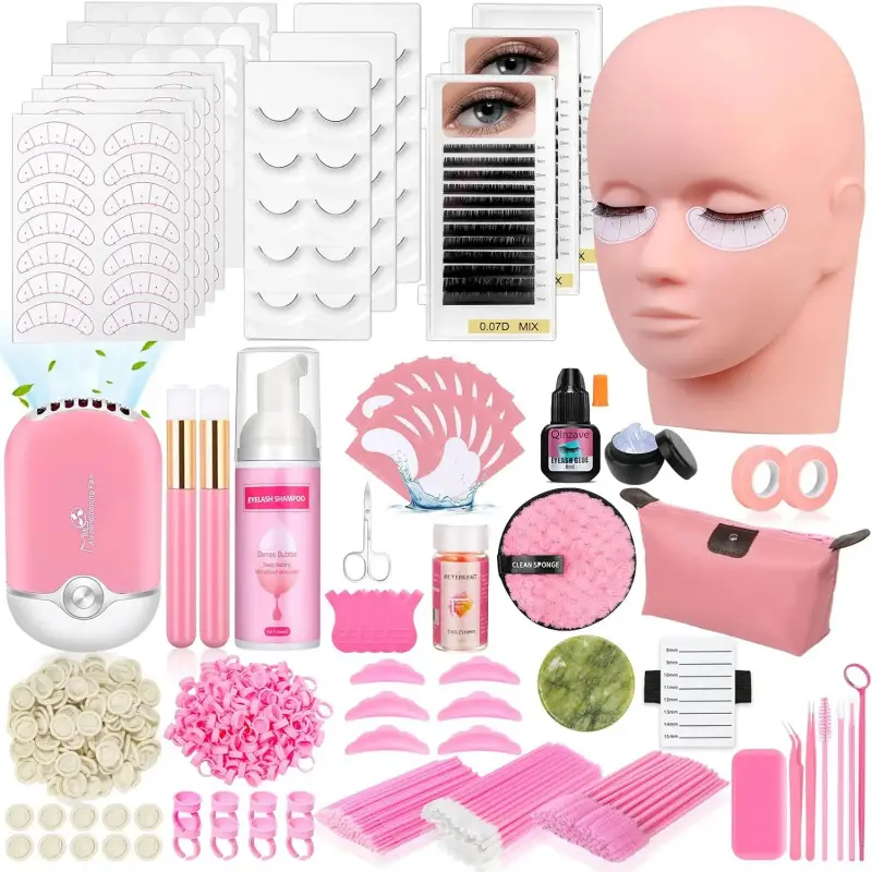 470PCS Eyelash Extension Practice Kit for Beginners - Professional Set with Mannequin Head, Glue, Shampoo, USB Fan, Curler, Storage Bag, Makeup Supplies, Tech-Enhanced Storage Solution, Ideal Training Gift