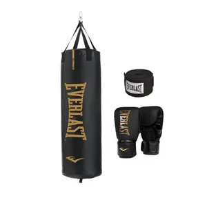 Durable Heavy Punching Bag Kit, Black – with Elite Cardio Gloves & Hand Wraps