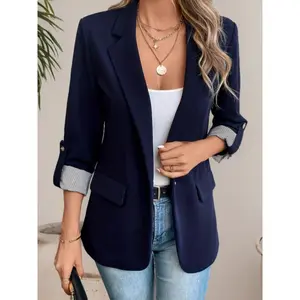 Button Front Lapel Collar Blazer, Elegant Roll Up Sleeve Blazer For Spring & Fall, Women's Clothing