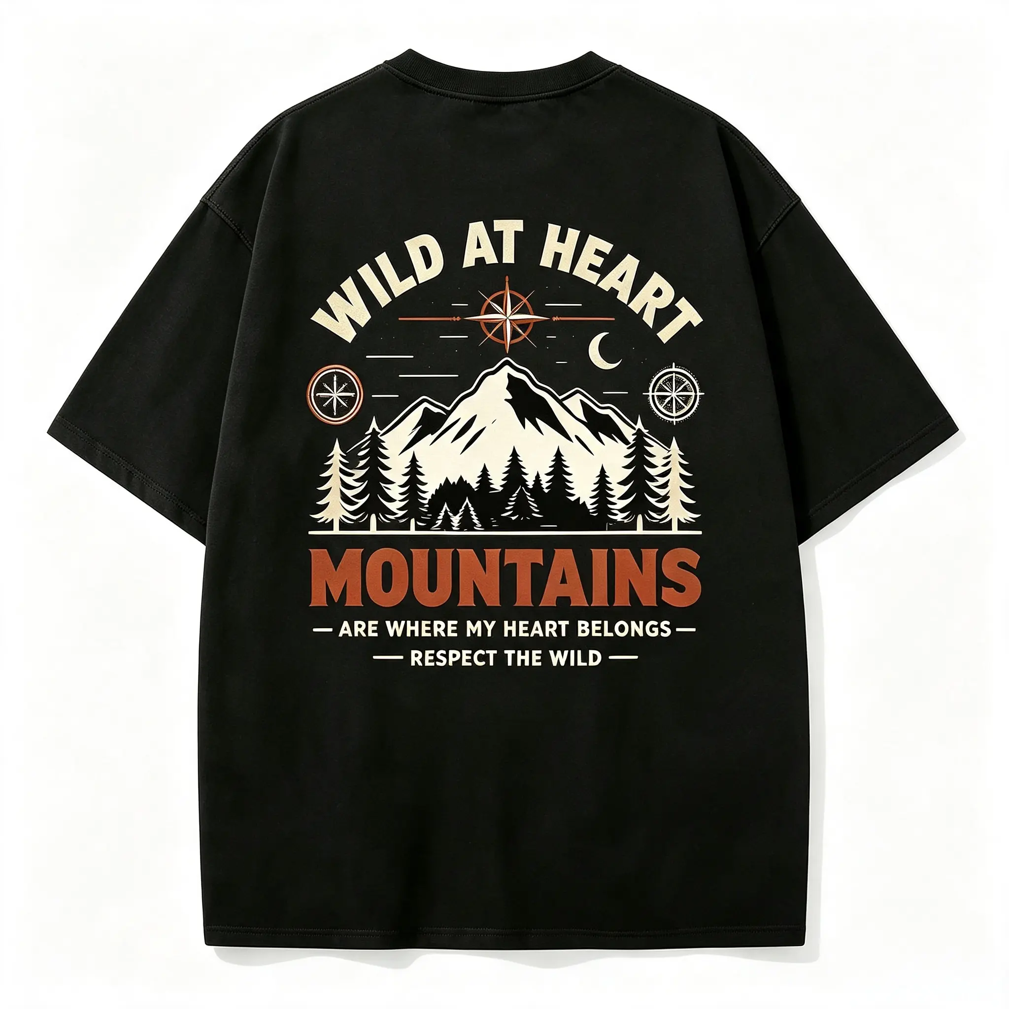 Unisex Oversized Cotton Short-Sleeve T-Shirt - Wild At Heart Mountain Back Print, Retro Granola Aesthetic Hiking Compass Pine Graphic, Loose-Fit Casual Wanderlust Outdoor Camping Streetwear Top, Shortsleeve, Tshirt