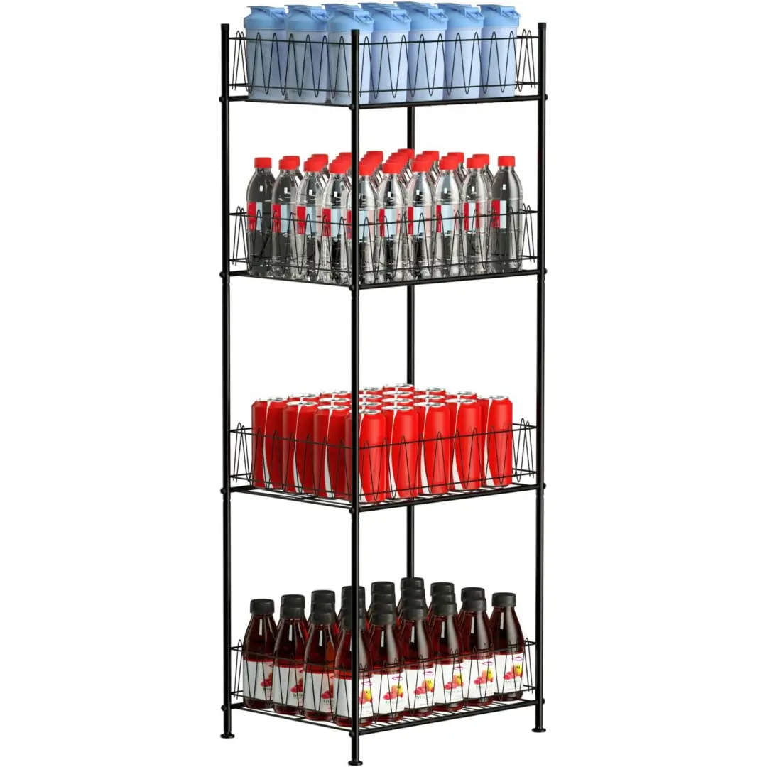 Black Metal 4-Layer Rectangle Water Bottle Organizer - Sturdy, Adjustable Multi-Surface Racks & Displays for Storage,Bottle Organization (12.5"d x16.7"w x46.2"h) Waterproof Freestanding Beverage Holder Racks for Pantry,Bathroom