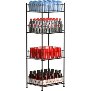 Black 4-Tier Freestanding Water Bottle Organizer, Metal Fruit Storage Rack for Water Bottles, Soda Cans, and More for Pantry and Kitchen Food Storage