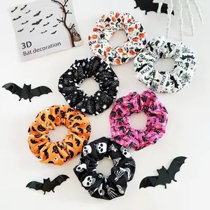 Random 1pcs Halloween funny pumpkin skull ghost hand-printed leather hairband with high elasticity hair tie for festive costume headwearGift