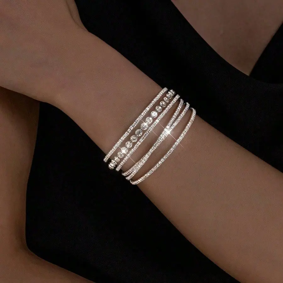 4-Layer Silver Rhinestone Cuff Bracelet, Super Elastic Adjustable Elegant Bangle Bracelet, Rhinestone Decorated Bling Effect Arm Candy Accessories for Wedding, Prom, Adjustable Stack Bracelets, Rhinestone Decorated Bracelet