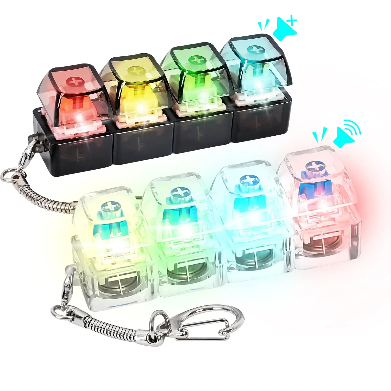 2 Pcs Light Up Keyboard Fidget Toy, Clicky & Silent Fidget Clicker Keychain Silent & Loud Clicky Sound, Colourful LED Lights, Boost Focus & Calm Anxiety Gift, Mini Fidget Keychain for Study Travel Work