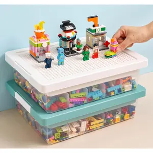 Toy storage organizer box for LEGO bricks with compatible building plate lid, 3-layer removable sorting trays, stackable plastic storage bin, 1 piece, white
