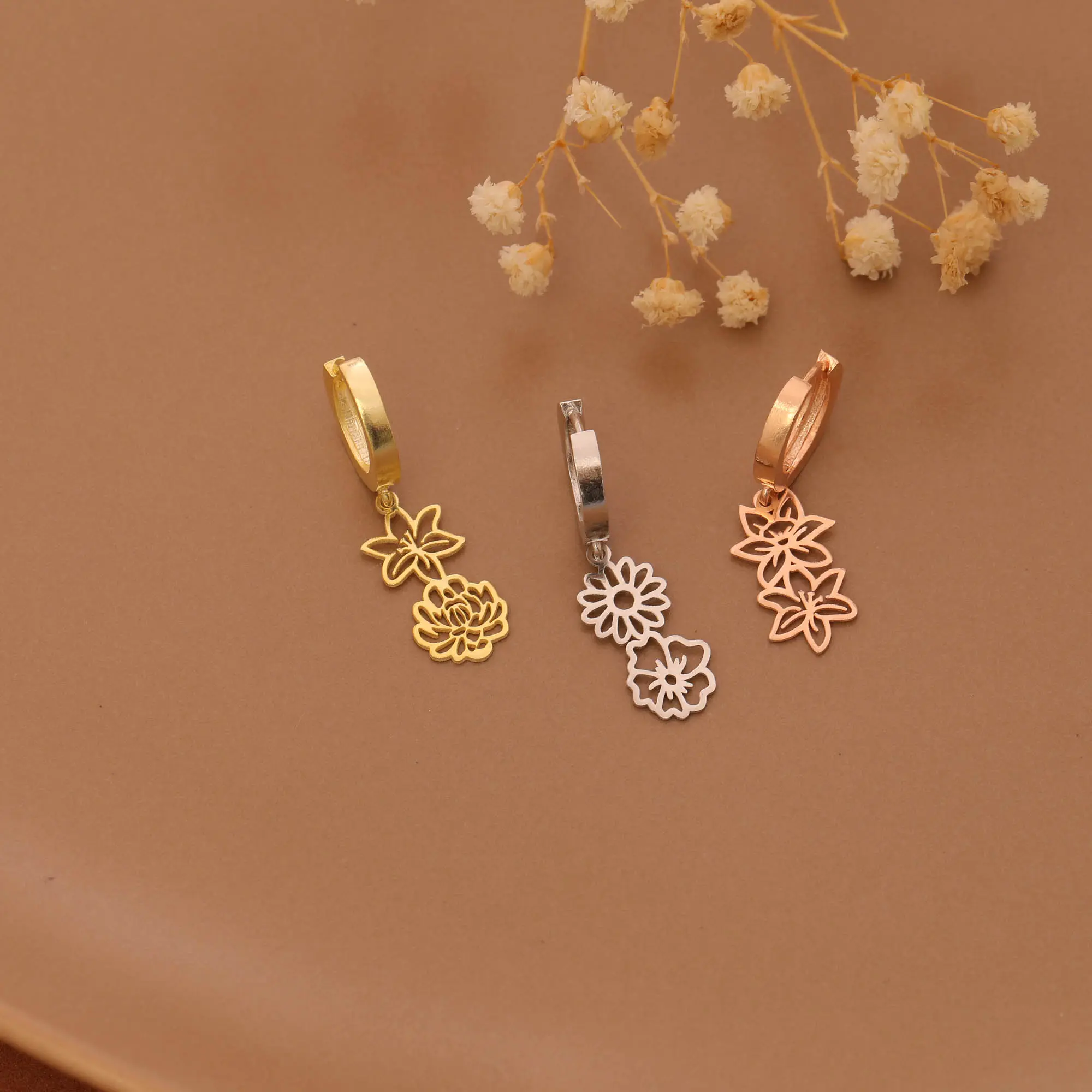 BirthFlower Floral Earring, 1/2/3 Flower Earring, Sterling Silver/Rose Gold Earring