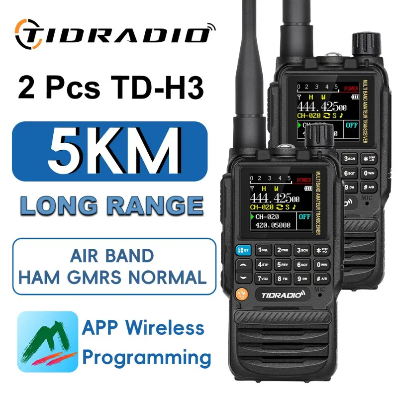 TIDRADIO TD-H3 Ham/GMRS 8-Band Long Range Walkie Talkies (2 x TD-H3 Radio Full Kit) - Type-C & Wireless Programming, Rechargeable Handheld, Air Band, Frequency Match, DTMF Lock, NOAA FM AM, Electronic Gadgets with USB, Button, 2 x User Manual