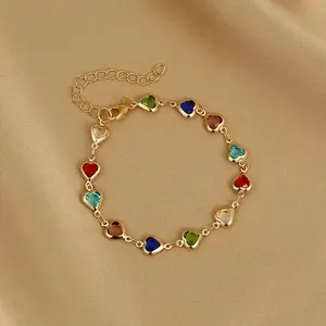 Exquisite Colorful Heart Bracelet for Women Charm Korean Crystal Zircon Metal Chain Bracelets Bangle Party Birthday Jewelry Gift