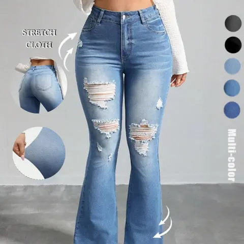 OBlue Jeans Women's Basic Flared Fashion Denim Leg Jeans, Denim Woven Jeans, Denim Clothing, Casual Comfy Stretchy Fit High Waist Bell Bottom Trousers for Daily Wear, Ladies Bottoms for All Seasons, Womenswear Pants