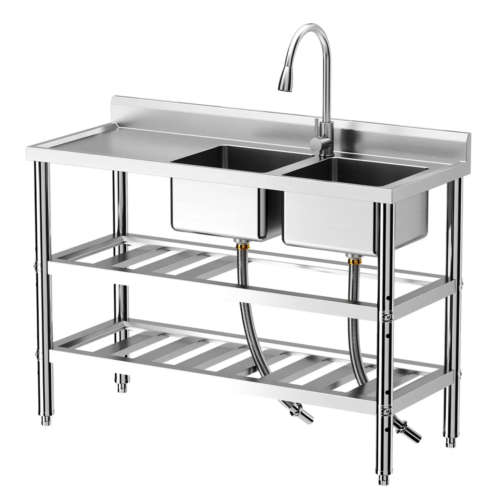 GAOMON 47x18x32 In Freestanding Double Bowl Stainless Steel Commercial Kitchen Sink - 360° Rotation Hot & Cold Faucet, Anti-Rust Gloss, Double Shelf Space, Raised Edges, Workbench for Restaurant, Garage