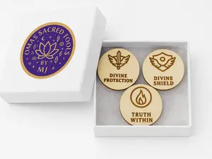Protection Ritual Kit with Archangel Michael - 3 Engraved Wooden Talismans Divine Protection Divine Shield Truth Within Spiritual Amulet Box Energy Cleansing Gift Set Ornaments Fenshui Spell Bronze Vegvisir Decor Metal