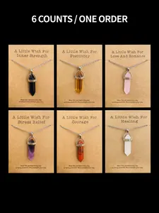 6-Piece Crystal Quartz Hexagon Pendant Necklace Set, Includes Motivational Pocket Blessing Cards, Unisex Fashion Jewelry Gift