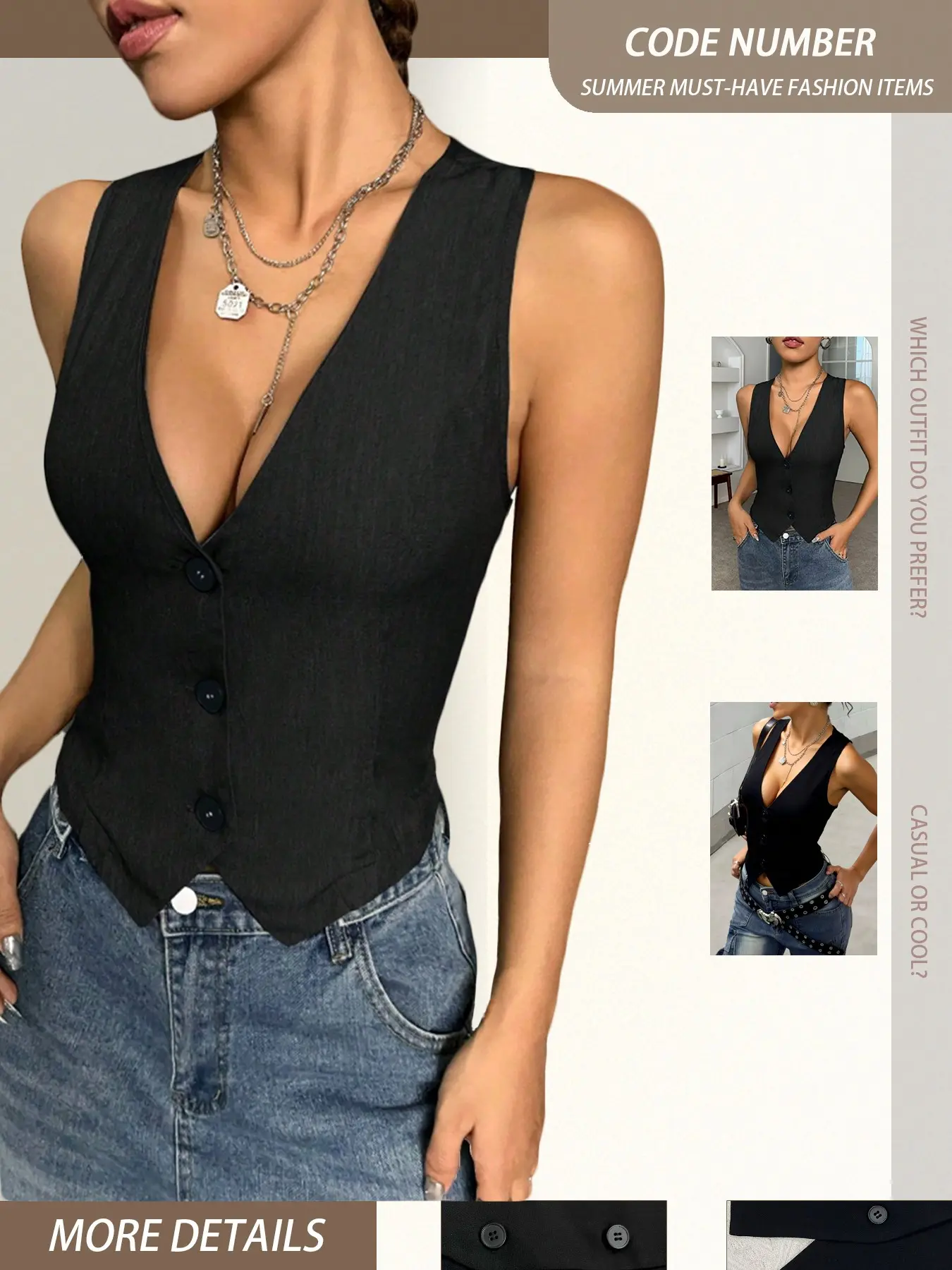Summer New Tiktok Fashion Trend Women's Tops Basic Casual Suit Vest Sleeveless Lightweight Jacket Gilet, Sexy Plain Style, Short Clothing Length, Lady, Outfit