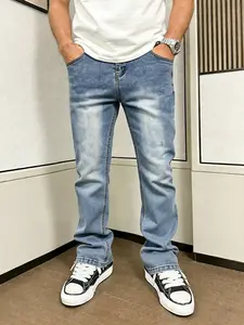 Fashionable Men's Light Blue Plain Bell-Bottom Flared Jeans Y2K Street Style Pants for Daily Casual Wear with Soft and Comfortable Fabric Full Matching Fashion Aesthetics Jeans Suitable for Daily/Casual/Street Styling