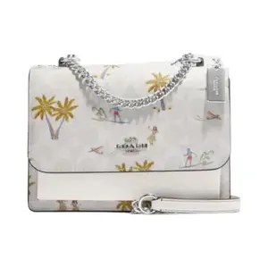 COACH Klare 22 Envelope Crossbody Bag for Women – Silver Logo with Botanical Embroidery, Chalk and Glacier White Leather