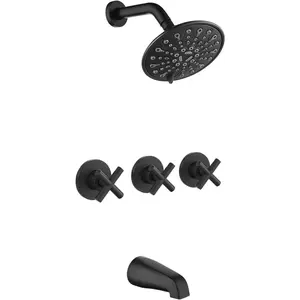 3 Handle Tub Shower Faucet Set, Tub and Shower Faucet Combo,Bathtub Faucet Set with 6 Settings Shower  and Waterfall Tub Spout, Tub and Shower Trim Kit, Tub Shower Fixture Matte Black
