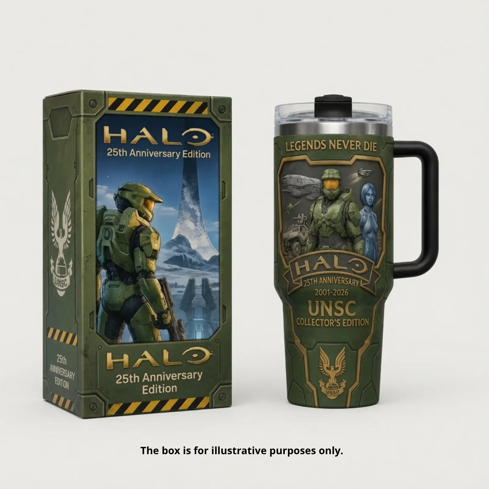 Halo 25th Anniversary Master Chief, Cortana, Arbiter and UNSC 40oz Insulated Tumbler with Handle, Game Timeline Design, Reusable Stainless Steel Travel Coffee Mug, Sci-Fi Gaming Gift for Fans