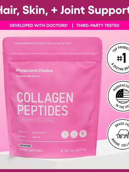Physician's Choice Collagen Peptides Powder for Hair, Skin, Nails & Joint Support for Women - Hydrolyzed Grass-Fed + Non-GMO Protein - Unflavored