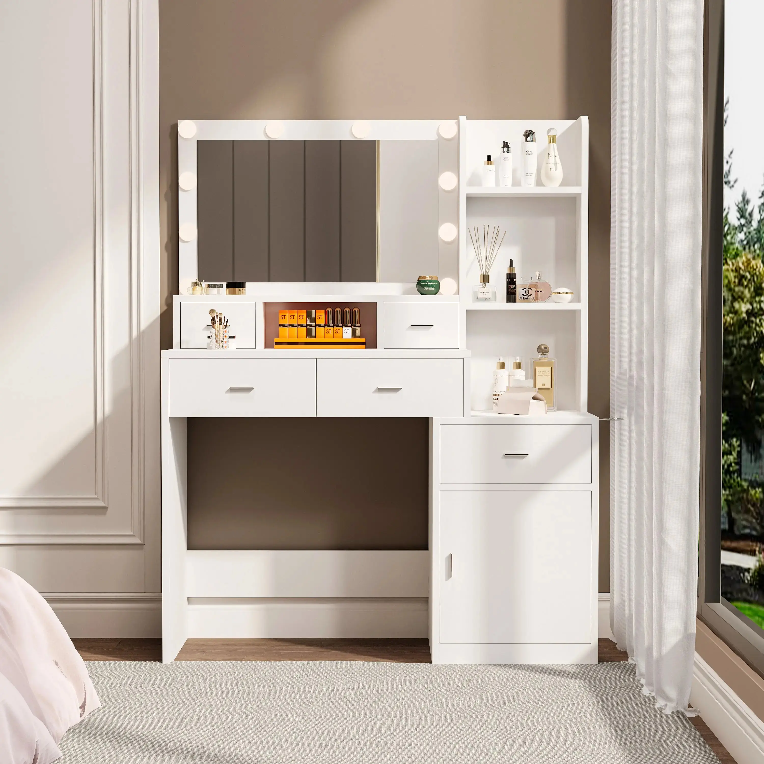 Newly Designed Smart Mirror Dresser Elegant Bedroom Dressing Table with Storage Drawers and Dressing Pad