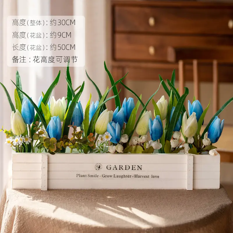 Blue and white mixed color tulip white wood fence