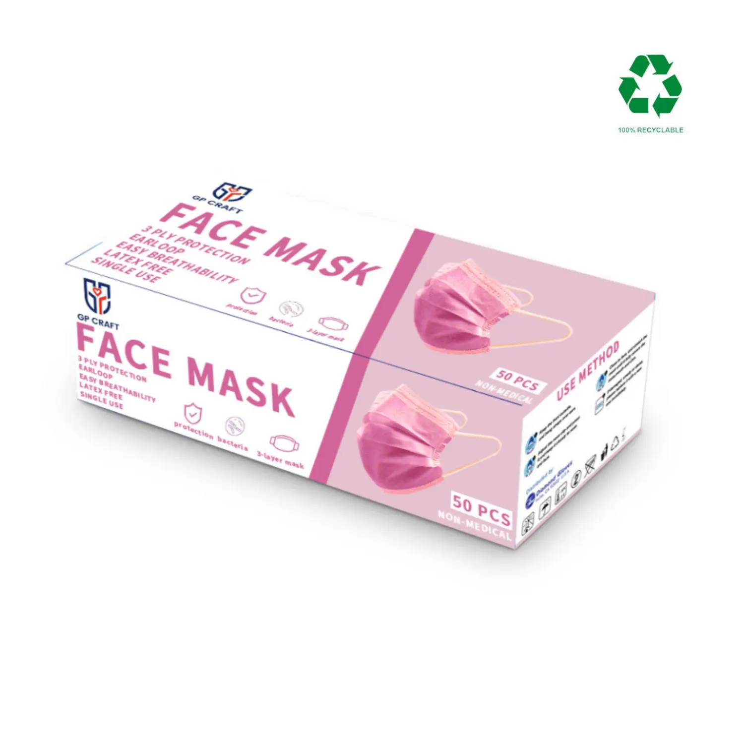 GP Craft Get Prepared 50-Pack Adult Size Disposable Earloop Mask, 3-Ply Fabric Protective Barrier, Single-Use for Home & Travel, Work Safety Equipment