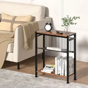Side Table for Small Spaces, Narrow End Table with Magazine Holder, 2 in 1 Design Slim Side Table, Skinny Nightstand for Living Room Bedroom,